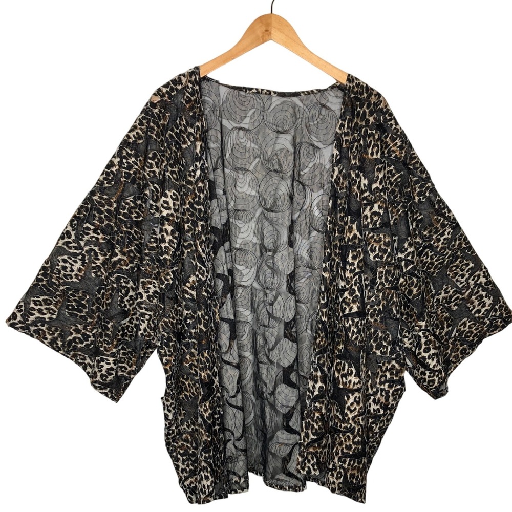 Sheer Leopard Print Kimono‎ Cardigan Open Front Patchwork 4X Art To Wear Boho